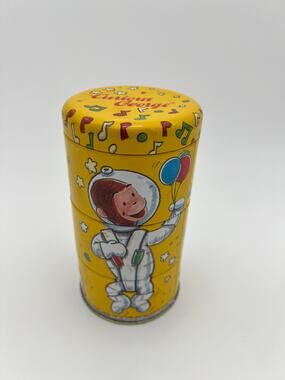 Vintage Curious George Nesting Tin Music Box Schylling 1995 Yellow Stackable Toy